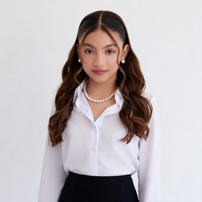 Young Asian girl in white shirt and pearls