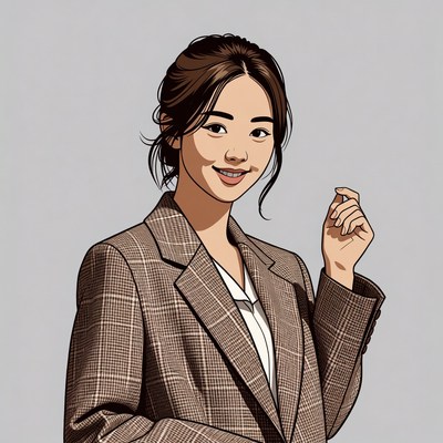 Asian woman in plaid blazer smiling