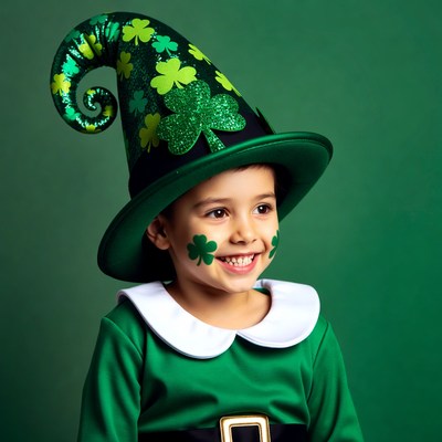 Boy in green leprechaun hat smiling