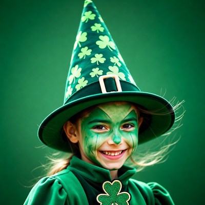 Girl in green shamrock witch costume