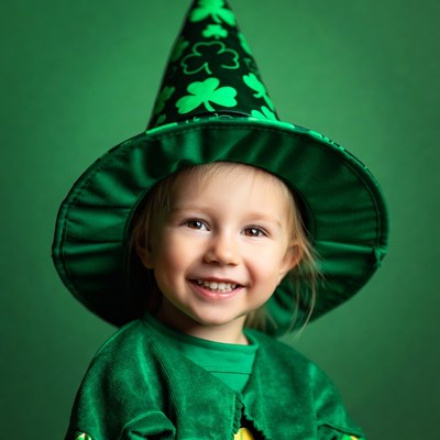 Girl wearing green shamrock witch hat