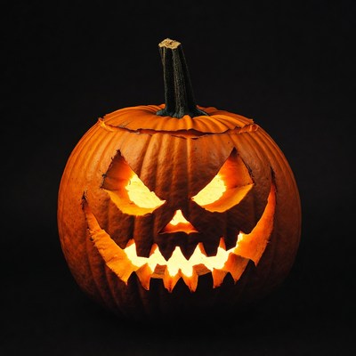 Lit Jack-o'-lantern pumpkin on black