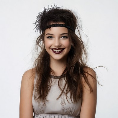 Smiling woman with feather headband