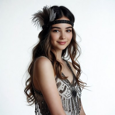 Woman in Flapper Headband and Beaded Dress
