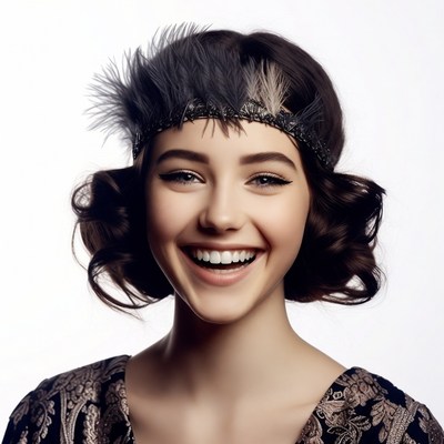 Smiling woman in feathered 1920s headband
