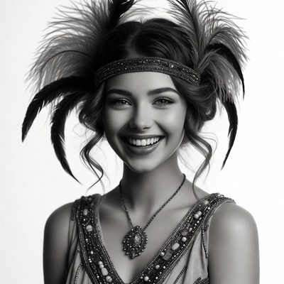 Smiling woman in 1920s flapper headdress