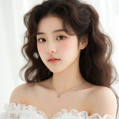 Asian woman in white lace dress