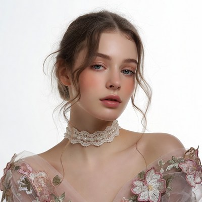 Woman in lace choker and floral off-shoulder top