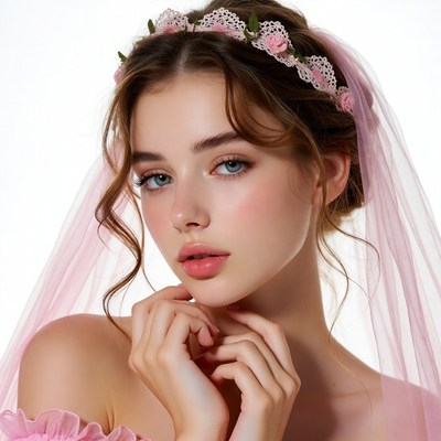 Bride with pink floral lace headpiece