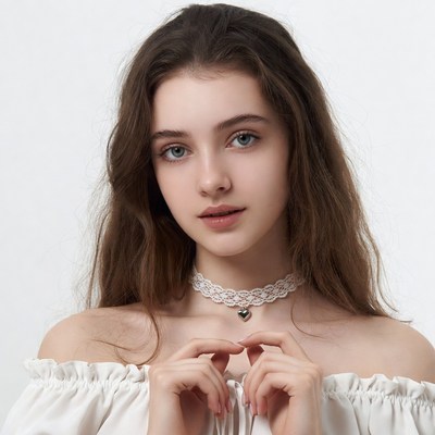 Young woman in lace choker off-shoulder top