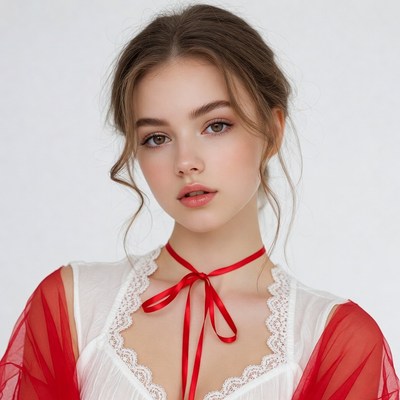 Young woman with red ribbon necklace