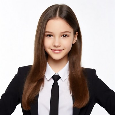 Teen girl in black blazer and tie