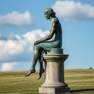 Bronze woman statue sitting on pedestal