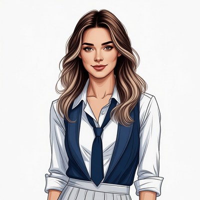 Woman in white shirt navy vest tie skirt