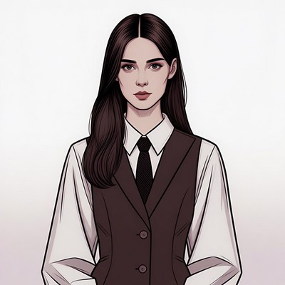 Woman in white shirt black vest tie