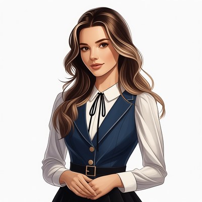 Woman in navy vest and white blouse