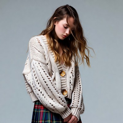Young woman in knitted cardigan and plaid skirt