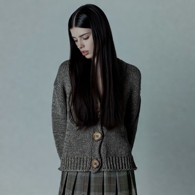 Woman in gray cardigan and plaid skirt