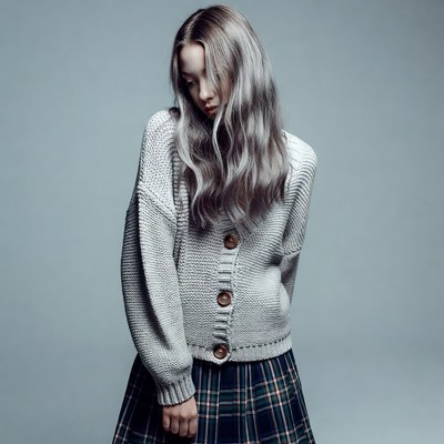Asian woman in gray sweater plaid skirt