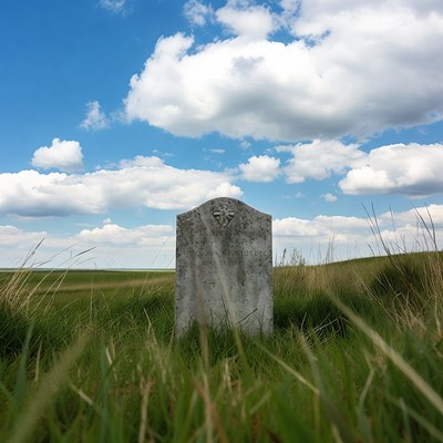 Gravestone in grassy field under blue sky