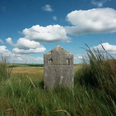 Old stone monument in grassy field