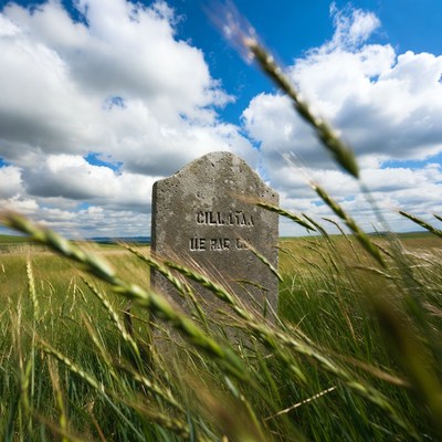 Old gravestone in tall grass field