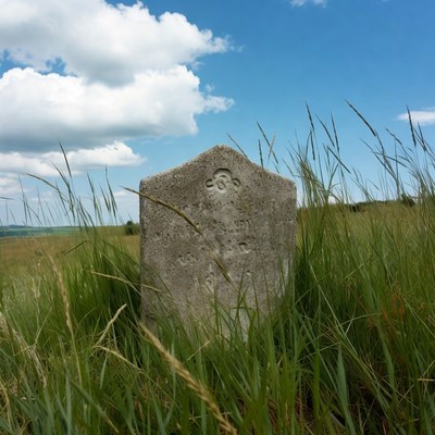 Stone grave marker in tall grass field