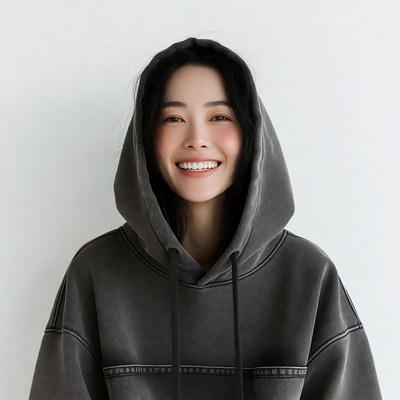 Asian woman smiling in gray hoodie