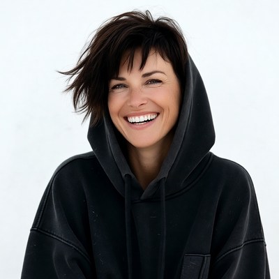 Smiling woman in black hoodie