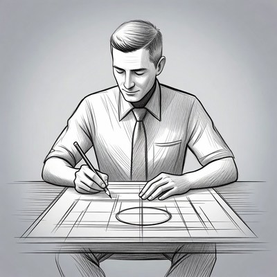 Man drawing blueprint at desk