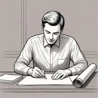 Man drawing blueprint at desk