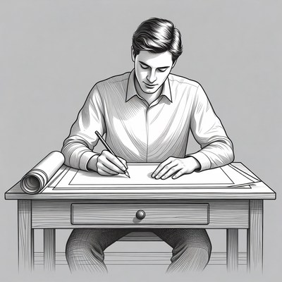 Man drawing blueprints at desk