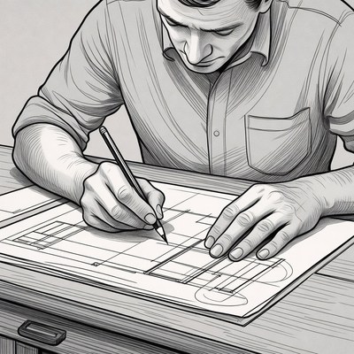 Man sketching architectural blueprint