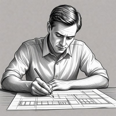Man drawing architectural blueprint