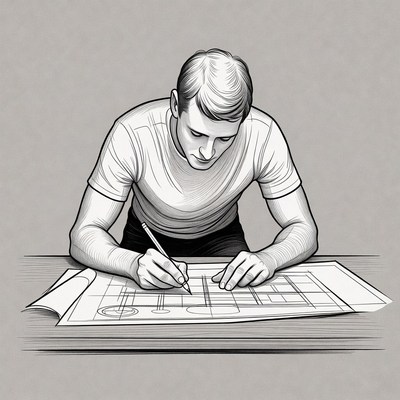 Man drawing blueprints at desk