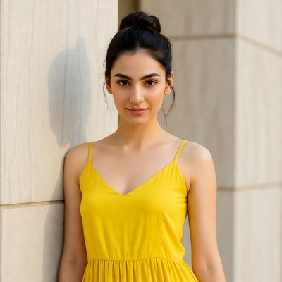 Indian woman in yellow dress by wall