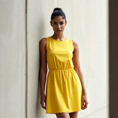Woman in yellow dress against wall