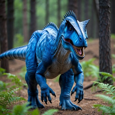 Blue dinosaur roaring in forest