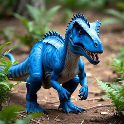 Blue Velociraptor in jungle foliage