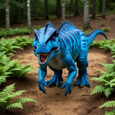 Blue Spinosaurus roaring in forest