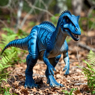 Blue Allosaurus roaring in forest