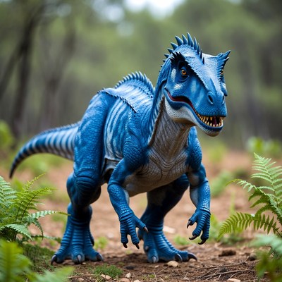 Blue dinosaur in misty forest