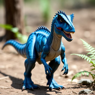 Blue dinosaur toy in forest