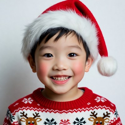 Asian boy in Santa hat smiling
