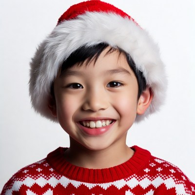 Asian boy smiling in Santa hat
