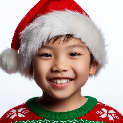 Asian boy smiling in Santa hat