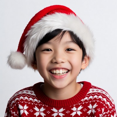 Asian boy smiling in Santa hat