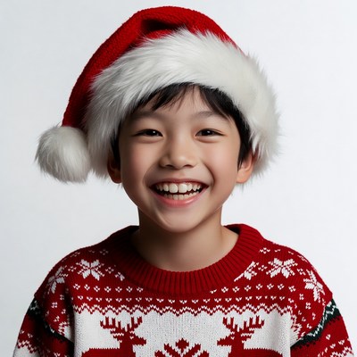 Asian boy smiling in Santa hat