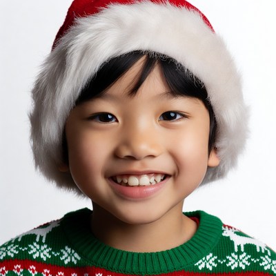 Asian boy smiling in Santa hat