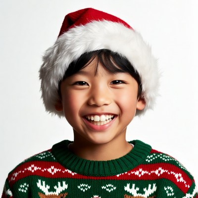 Asian boy smiling in Santa hat